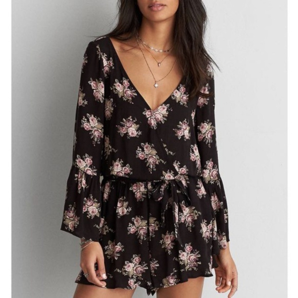 AE black floral wrap romper